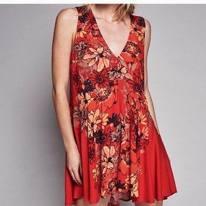 Free People Back Yard Party Floral Tunic Top Tank Pimento Red Women's Size S
